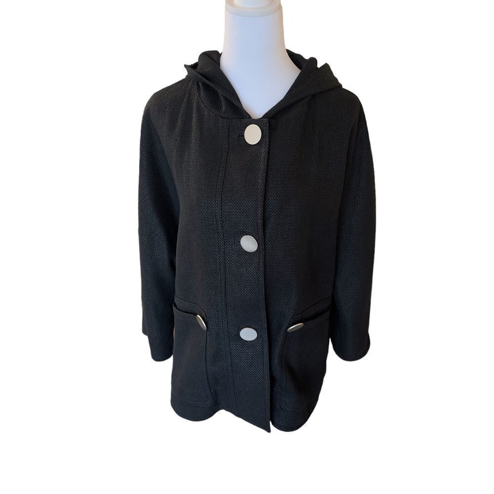 Magaschoni  Size 14, Black Jacket, Round Silver Buttons, Hood, Two Front Pockets